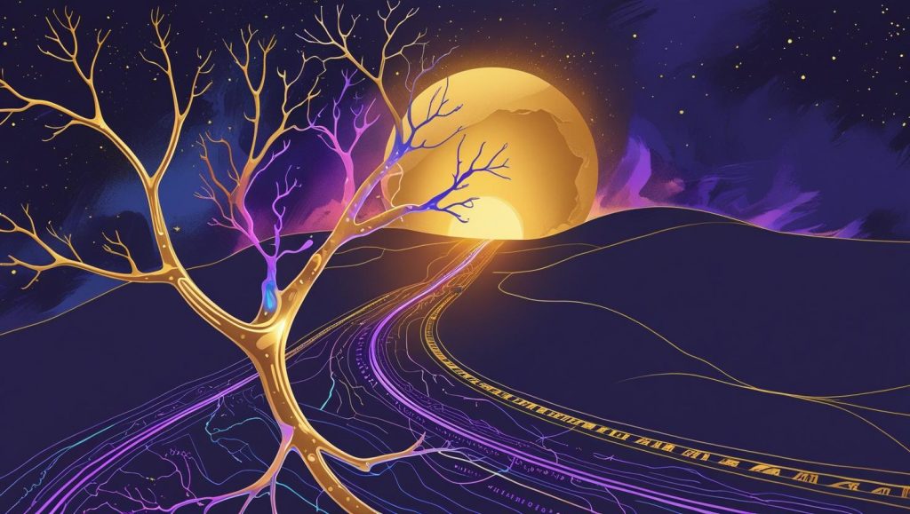 A golden neuron-like tree branches into the night sky, with glowing pathways leading toward a radiant golden sun on the horizon.
